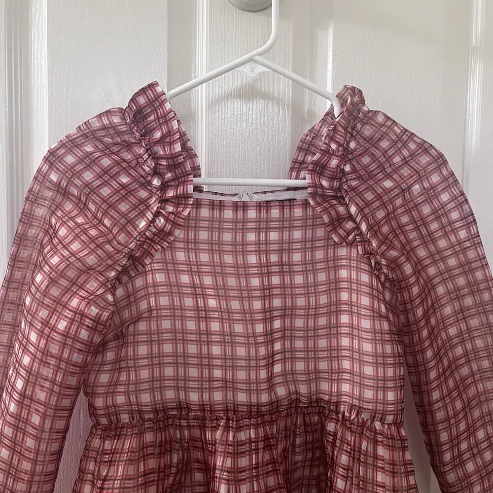 Crewcuts J.Crew Girl's Fairy-Tale Dress in Organza Plaid Ivory Vibrant Flame 12